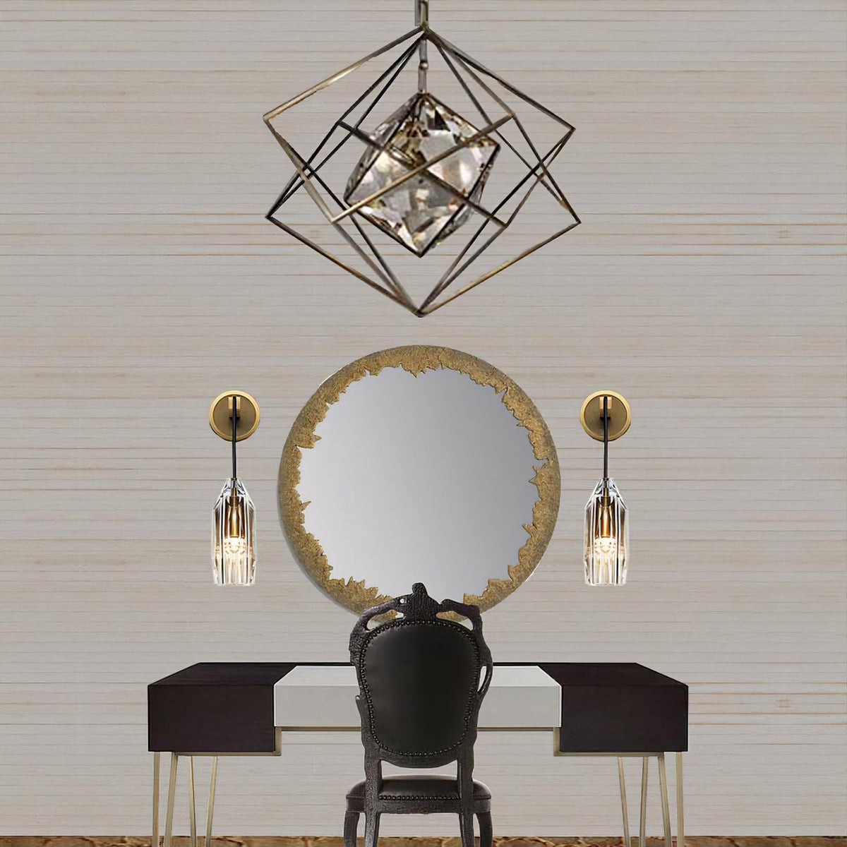A pair of these Clérachic wall lights either side of a round gold-edged mirror above a black dressing table, under a geometric cage pendant.