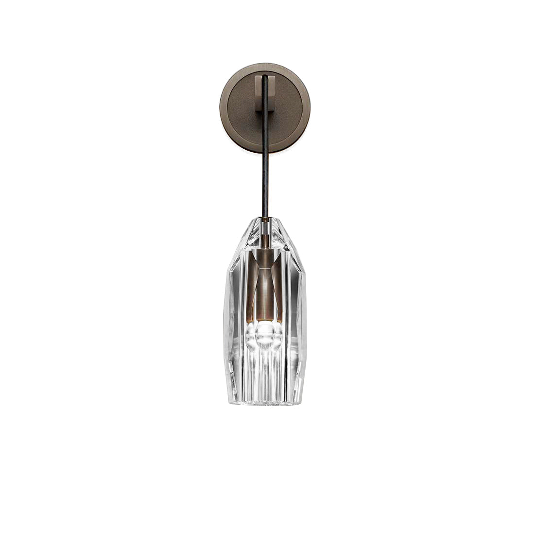 A dark bronze-toned version of this Clérachic wall light on white, with a clear faceted crystal shade and a slim black arm.