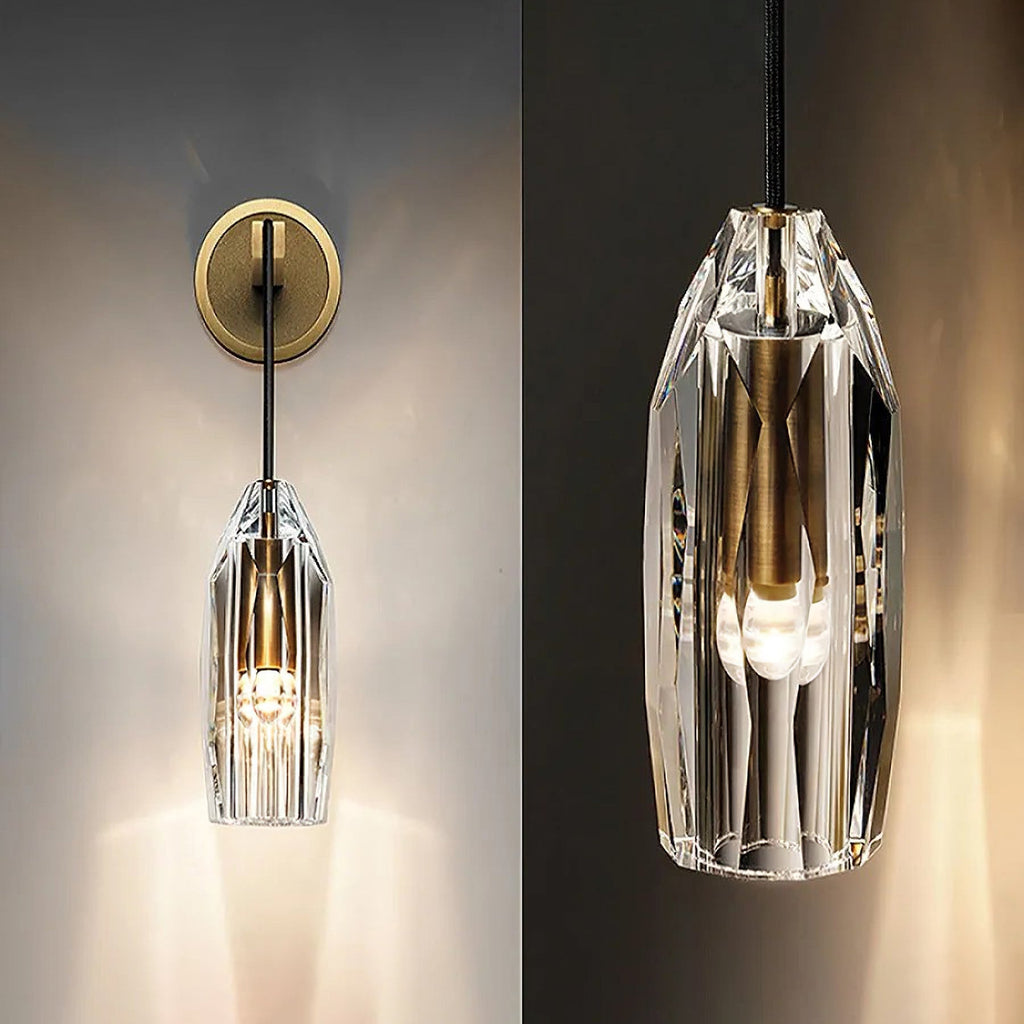Two views of this Clérachic wall light: the lit sconce on a pale wall at left and a close crop of the faceted crystal shade at right.