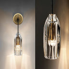 Two views of this Clérachic wall light: the lit sconce on a pale wall at left and a close crop of the faceted crystal shade at right.