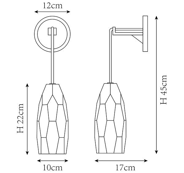 Clérachic wall light dimension drawing, every measurement marked in centimetres and inches.