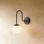 Clérachic wall lamp in matte black, a frosted glass globe glowing beneath a curved gooseneck arm.