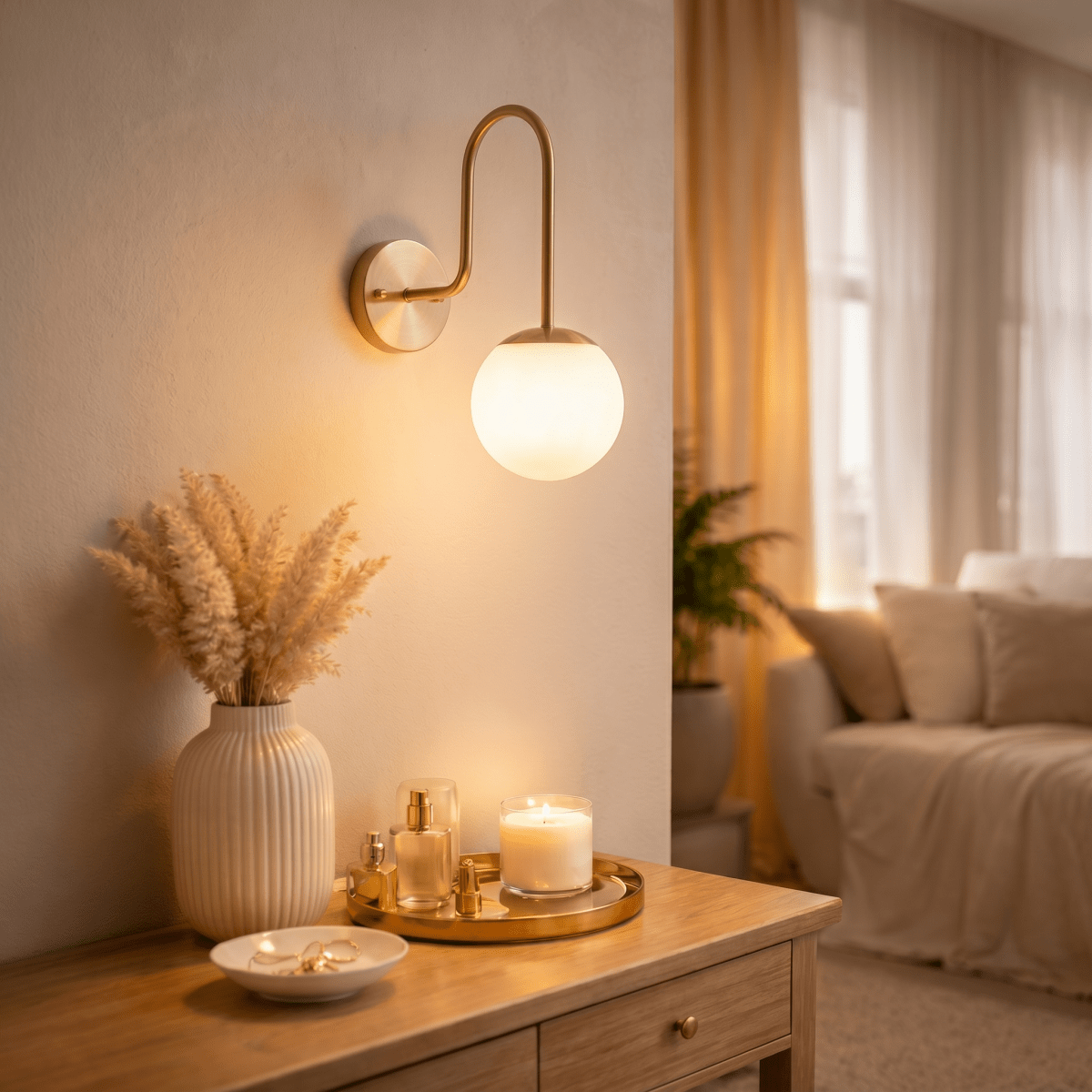 Clérachic wall lamp in brushed brass above a side table set with a candle and perfume bottles.