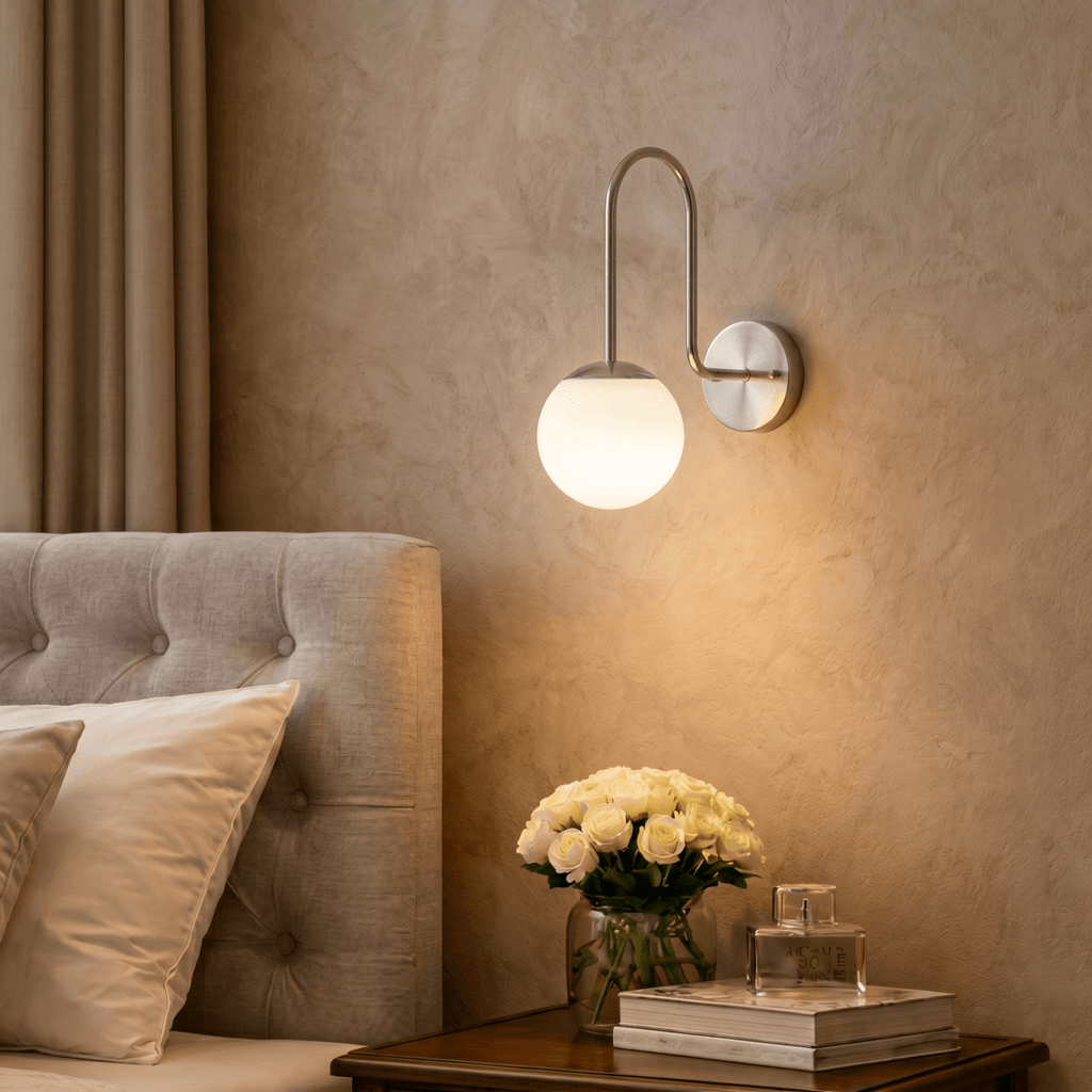 This Clérachic wall lamp in chrome above a tufted headboard nightstand with roses and perfume.