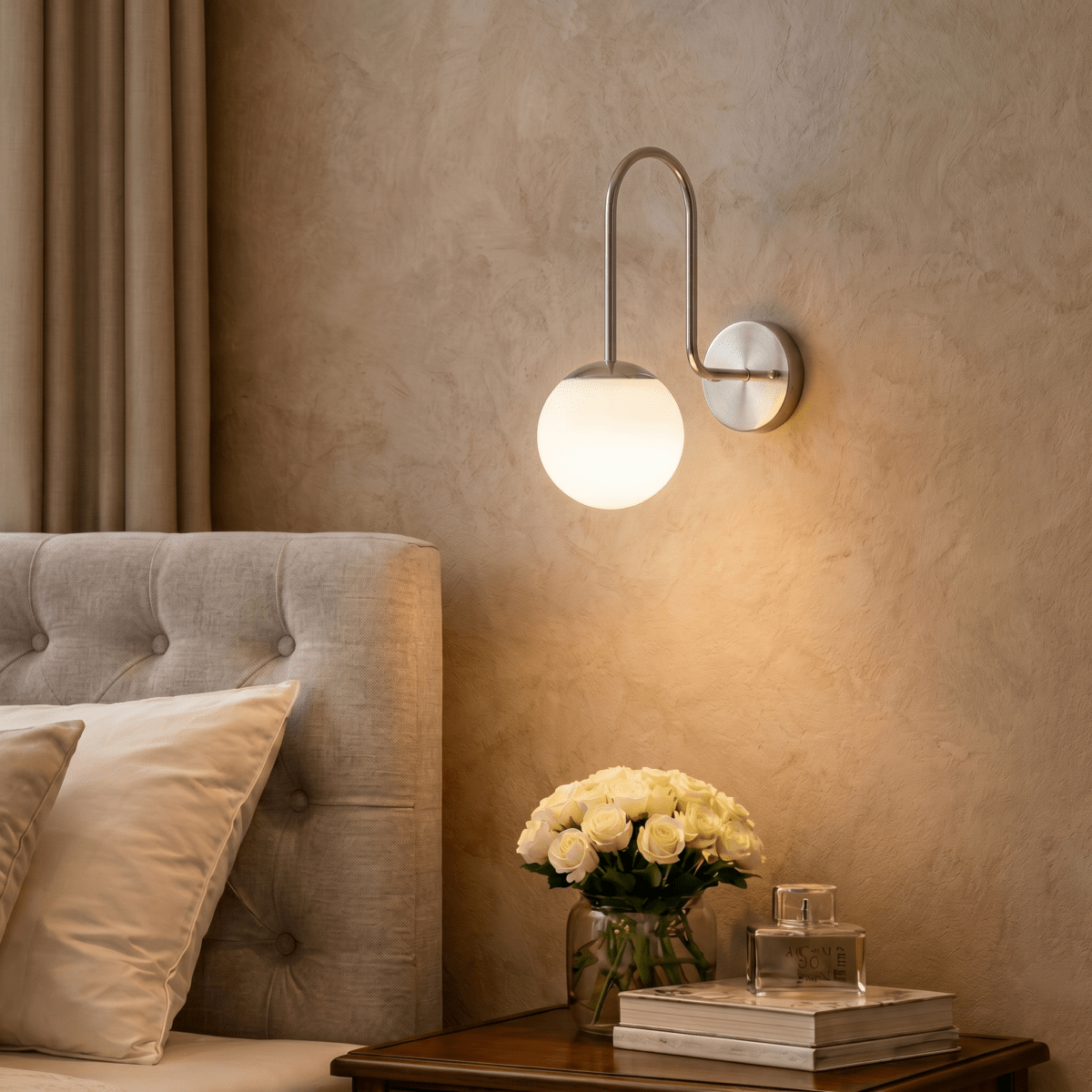 This Clérachic wall lamp in chrome above a tufted headboard nightstand with roses and perfume.