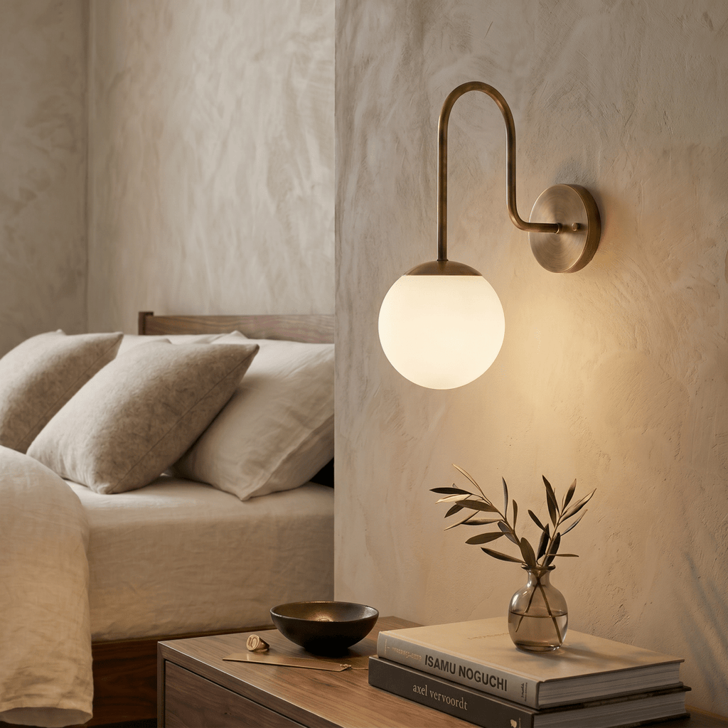 Clérachic wall lamp in vintage brass above a bedside table with stacked design books and a small vase.