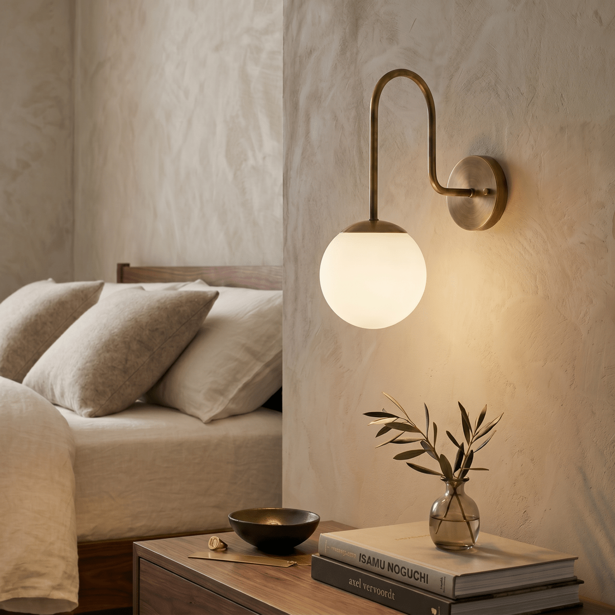 Clérachic wall lamp in vintage brass above a bedside table with stacked design books and a small vase.