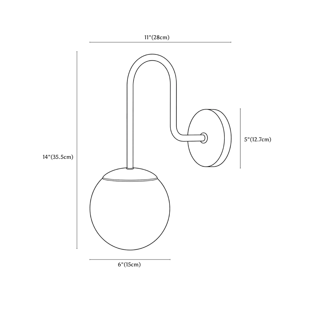 Clérachic wall light dimension drawing, every measurement marked in centimetres and inches.