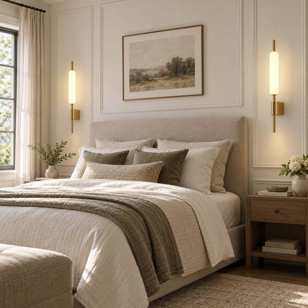 A pair of Clérachic brass wall sconces glow either side of a framed landscape above a bed with olive and cream bedding.