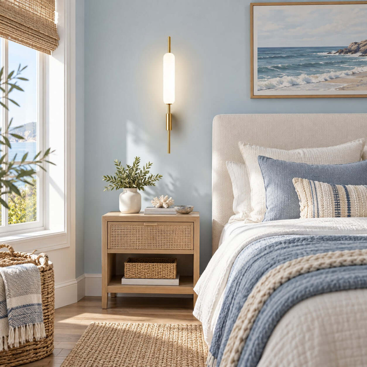 Beside a rattan bedside table and a pale blue wall, this Clérachic slim brass sconce is lit above a vase of olive sprigs.