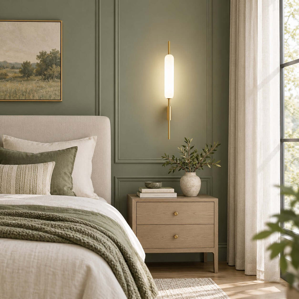 This Clérachic brass wall sconce glows against a sage-green panelled wall, above a light oak nightstand and a bed with olive bedding.