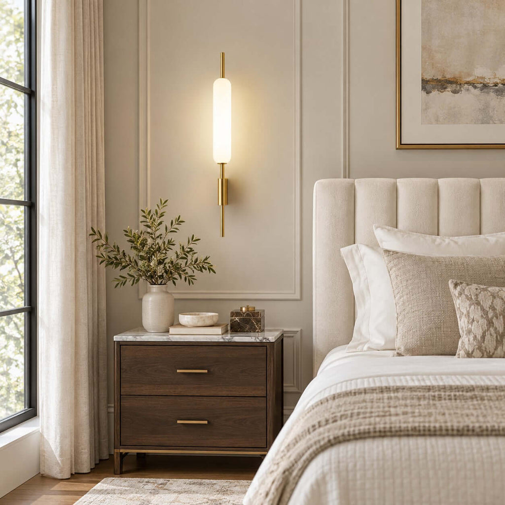 A Clérachic frosted glass wall sconce lit above a dark wood nightstand with brass handles, next to a channelled cream headboard.