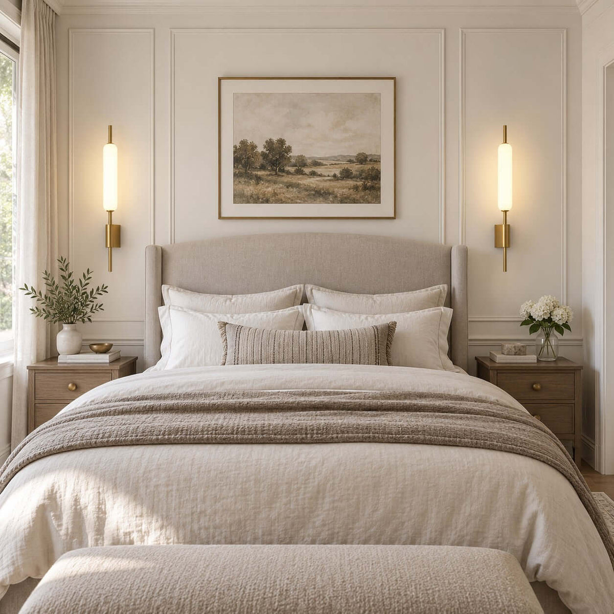 Two Clérachic brass wall sconces lit either side of a landscape painting above a neatly made bed with a linen quilt.