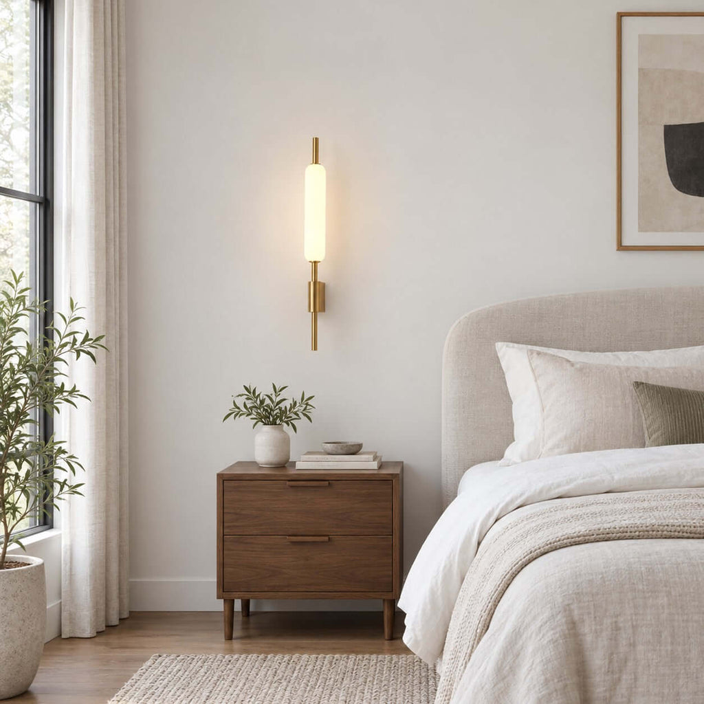 This Clérachic slim brass sconce glows on a plain cream wall above a walnut nightstand, with a pale bed and an olive plant nearby.