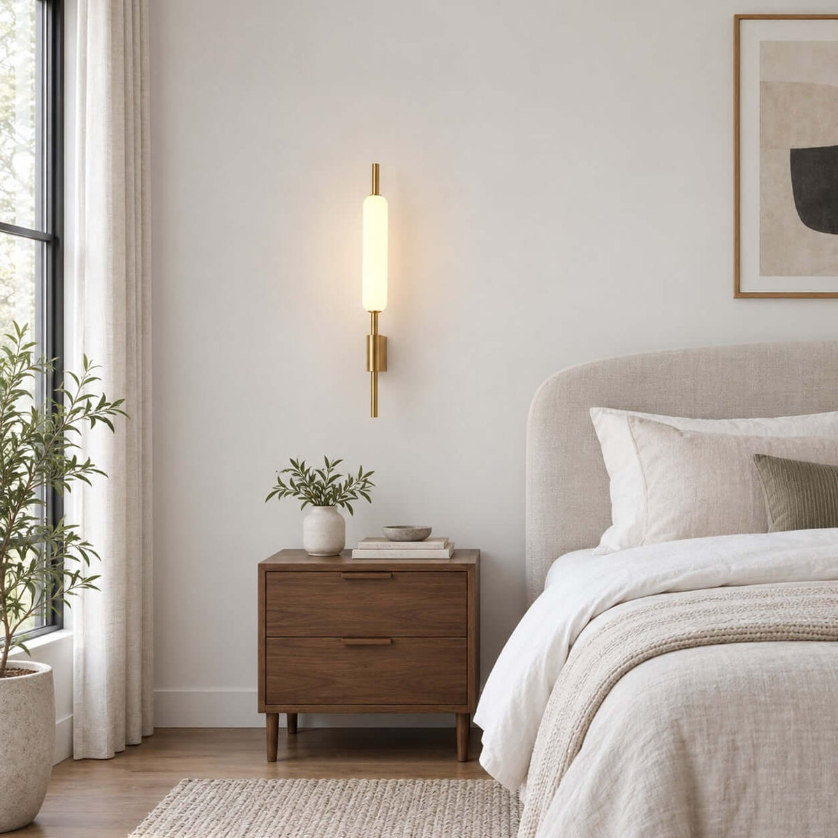This Clérachic slim brass sconce glows on a plain cream wall above a walnut nightstand, with a pale bed and an olive plant nearby.