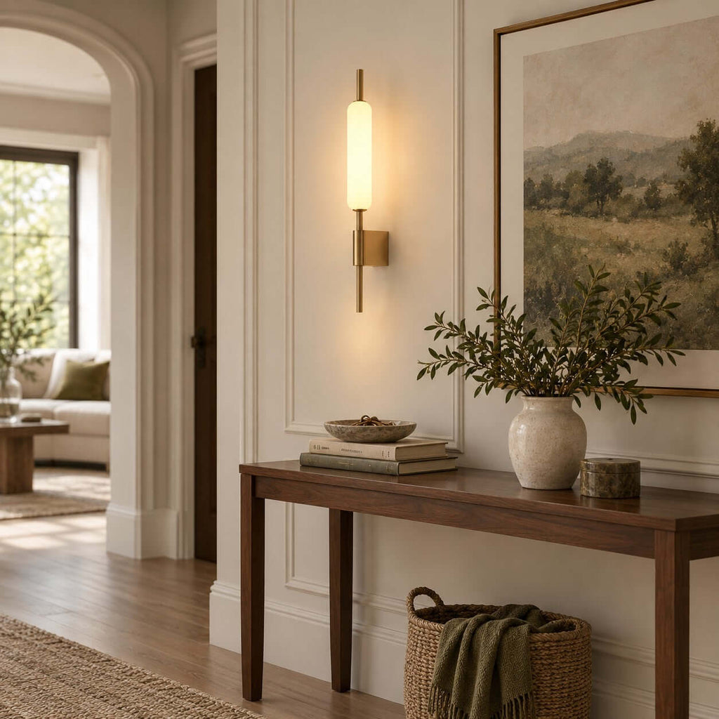 Hung above a dark wood console table in an entry, this Clérachic brass wall sconce lights a large landscape painting.
