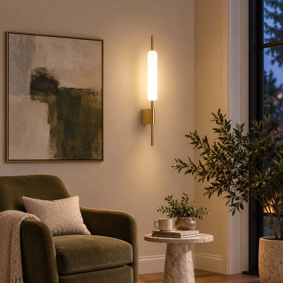 Beside an olive-green armchair and an abstract painting, this Clérachic brass wall sconce glows warm in the evening light.