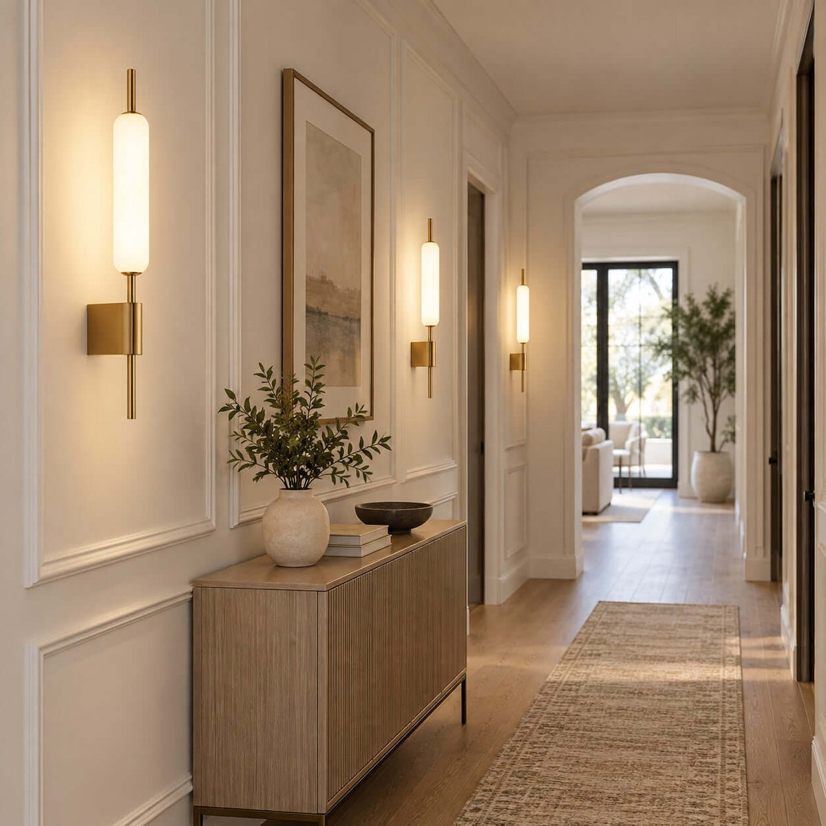 A row of Clérachic brass wall sconces lit along a panelled hallway, with a wooden sideboard and an arched doorway at the far end.