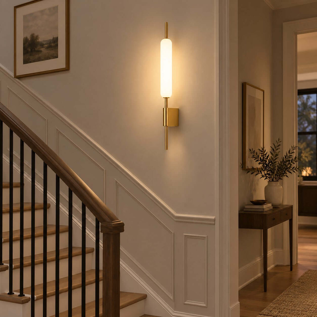 This Clérachic brass wall sconce lights a staircase landing, beside a wooden banister and a small console table with a plant.