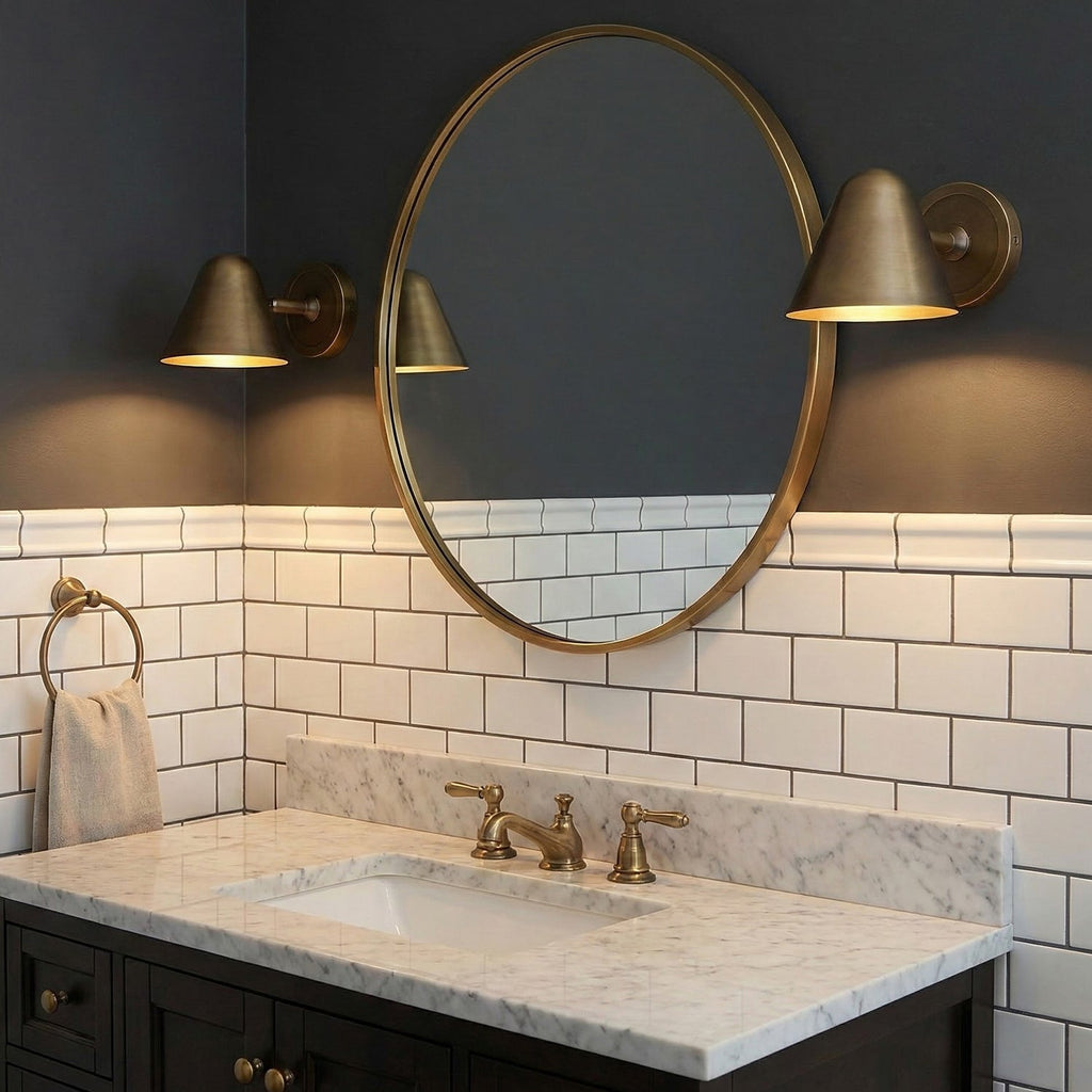 Two Clérachic antique brass wall lights either side of a round brass-framed mirror above a marble basin, against a dark wall and white tile.