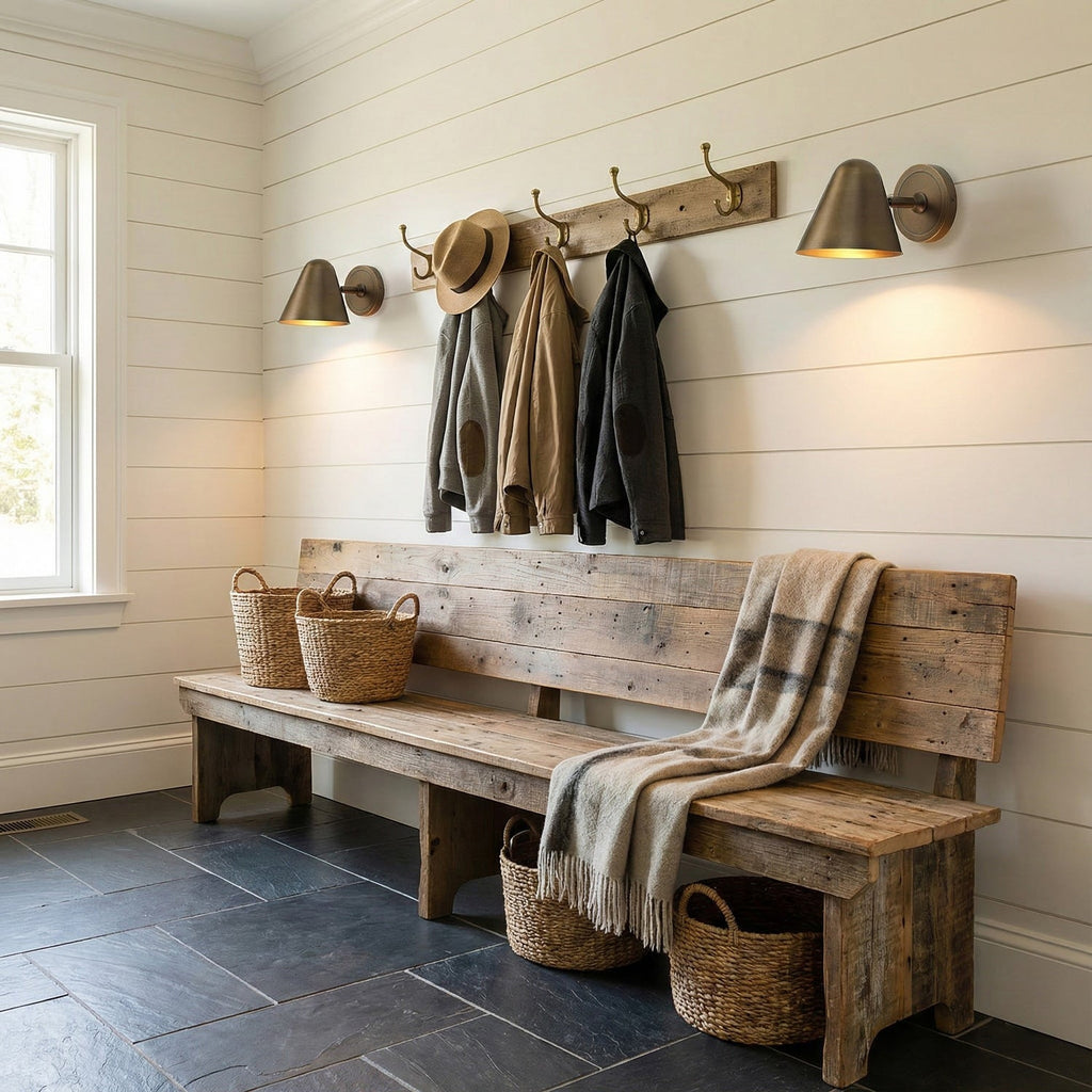 Three Clérachic antique brass wall lights along a white shiplap wall above a rustic bench, with a coat rack, baskets and a slate floor.