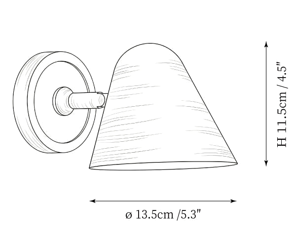 Clérachic wall light dimension drawing, every measurement marked in centimetres and inches.
