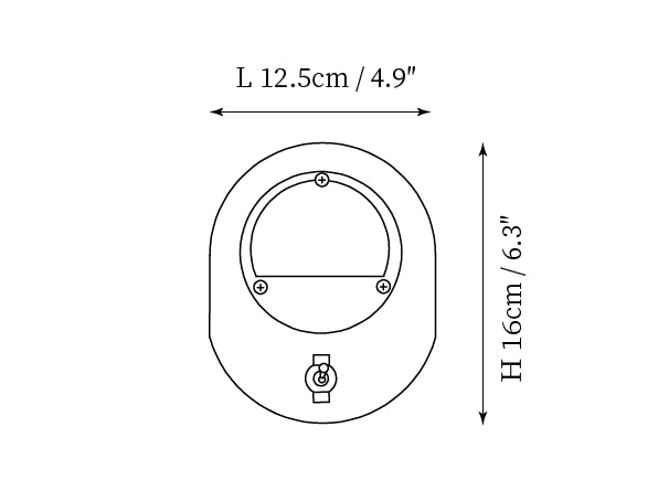 Dimension drawing of this Clérachic oval wall light, with its 12.5 cm width and 16 cm height marked.