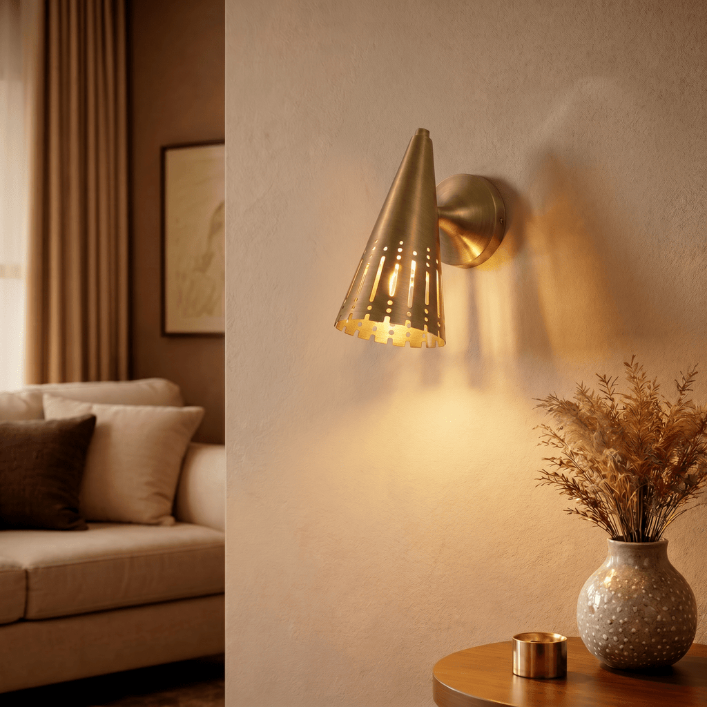 Clérachic wall lamp in brushed brass lighting a living room nook beside a sofa and a dried-grass vase.