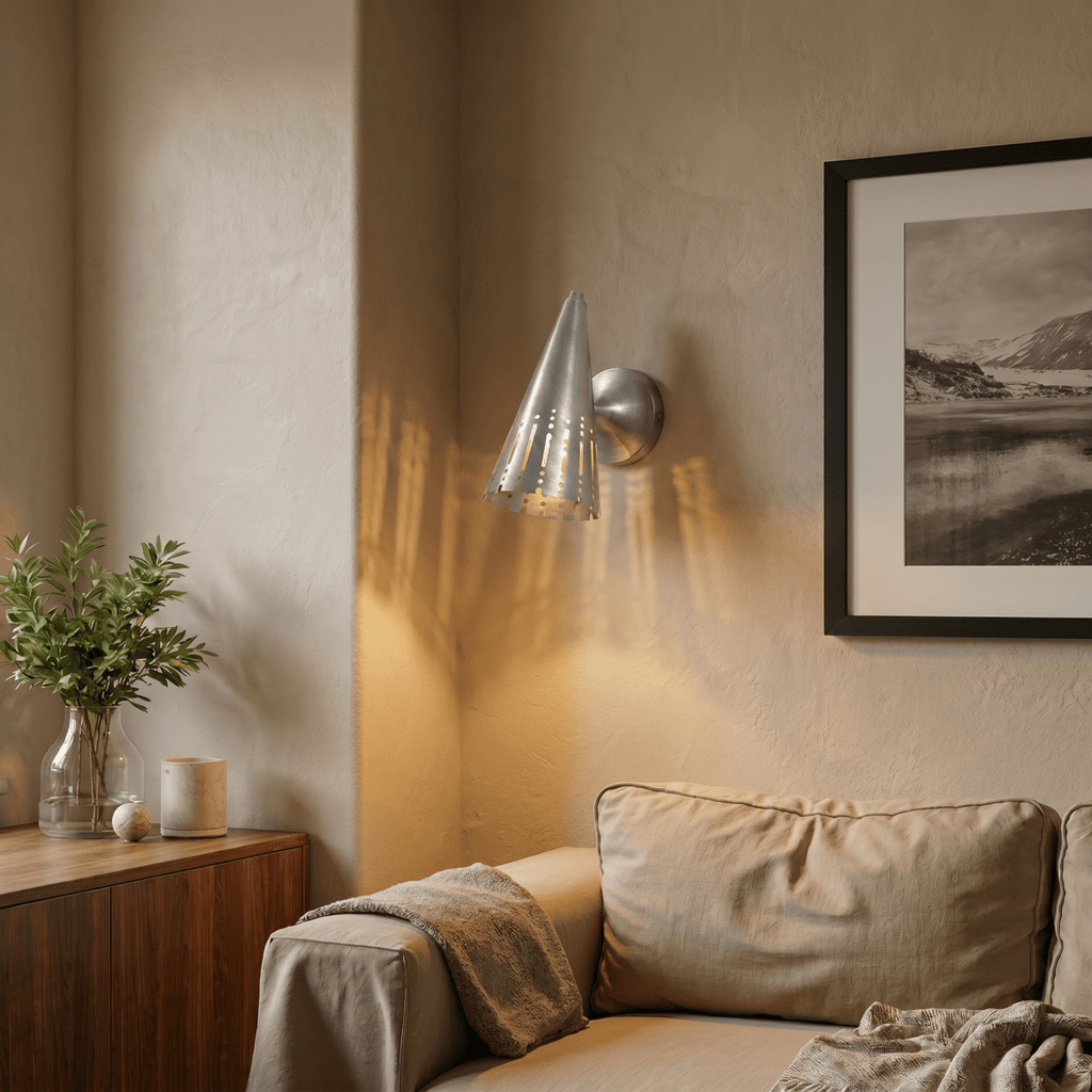Clérachic wall lamp in chrome lighting a corner beside a framed landscape print and a leafy plant.