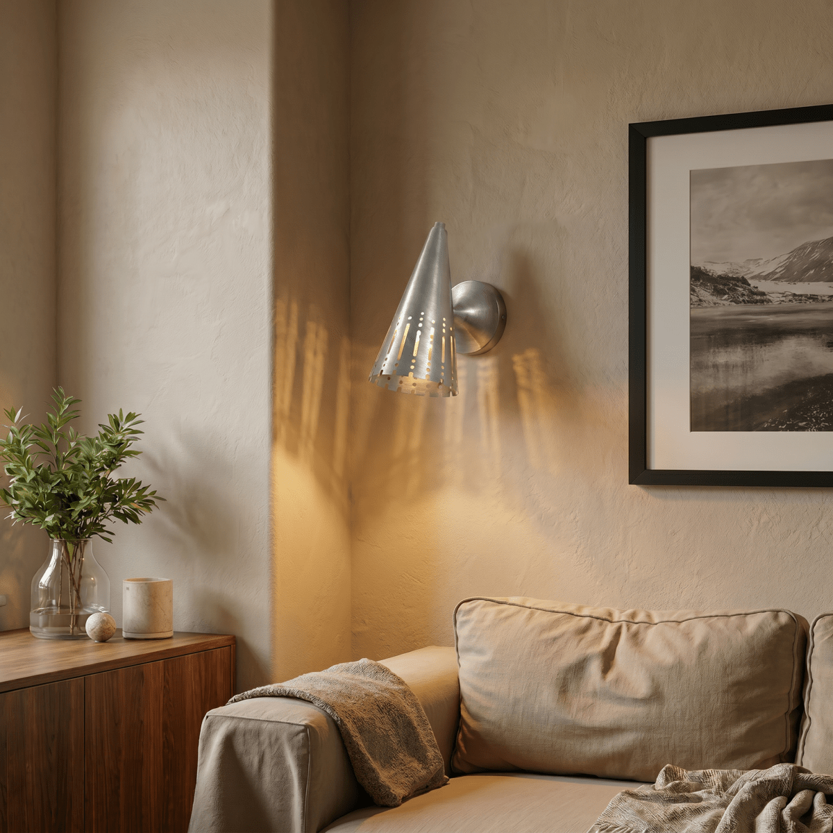 Clérachic wall lamp in chrome lighting a corner beside a framed landscape print and a leafy plant.