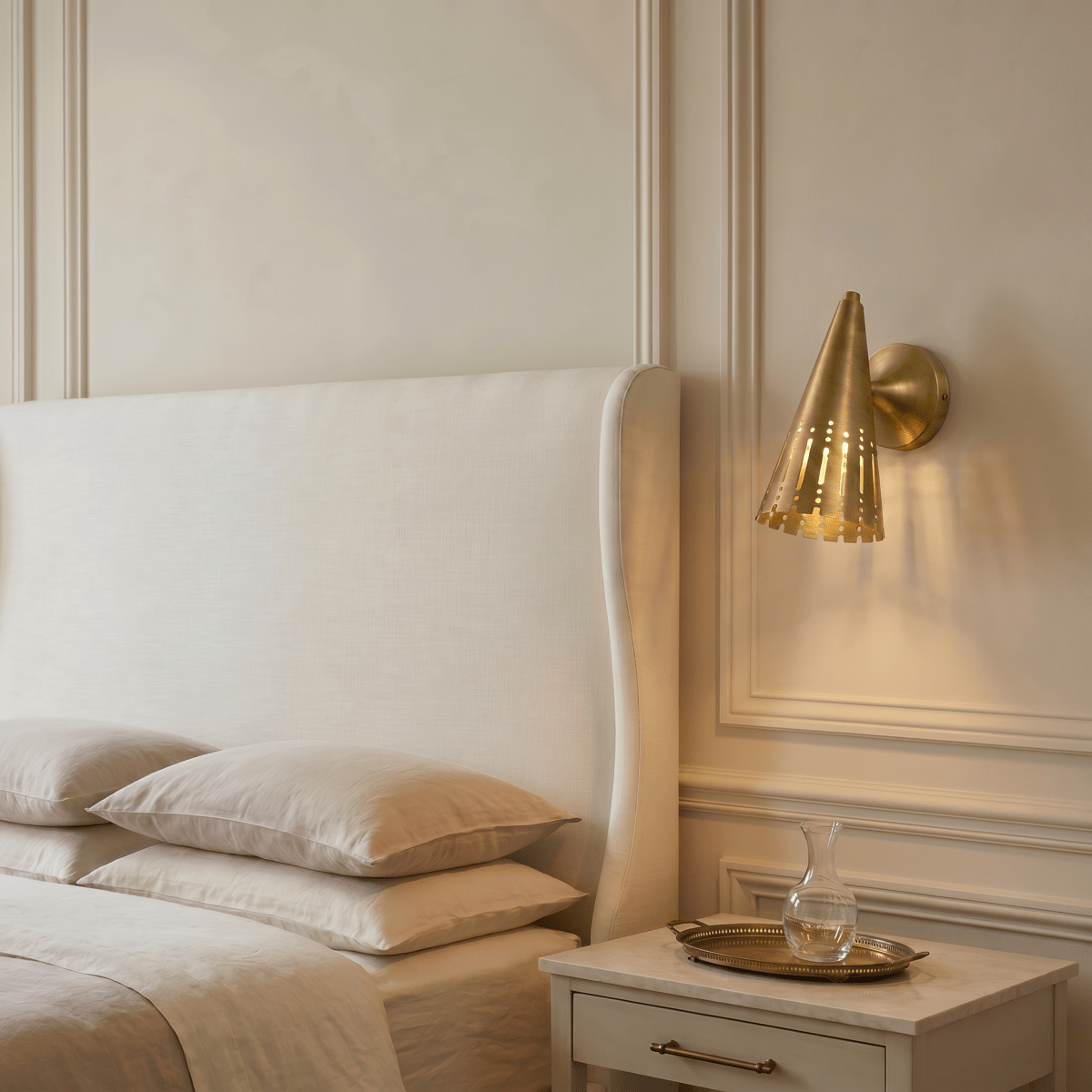 Clérachic wall lamp in brushed brass beside a paneled headboard, above a nightstand with a glass carafe.