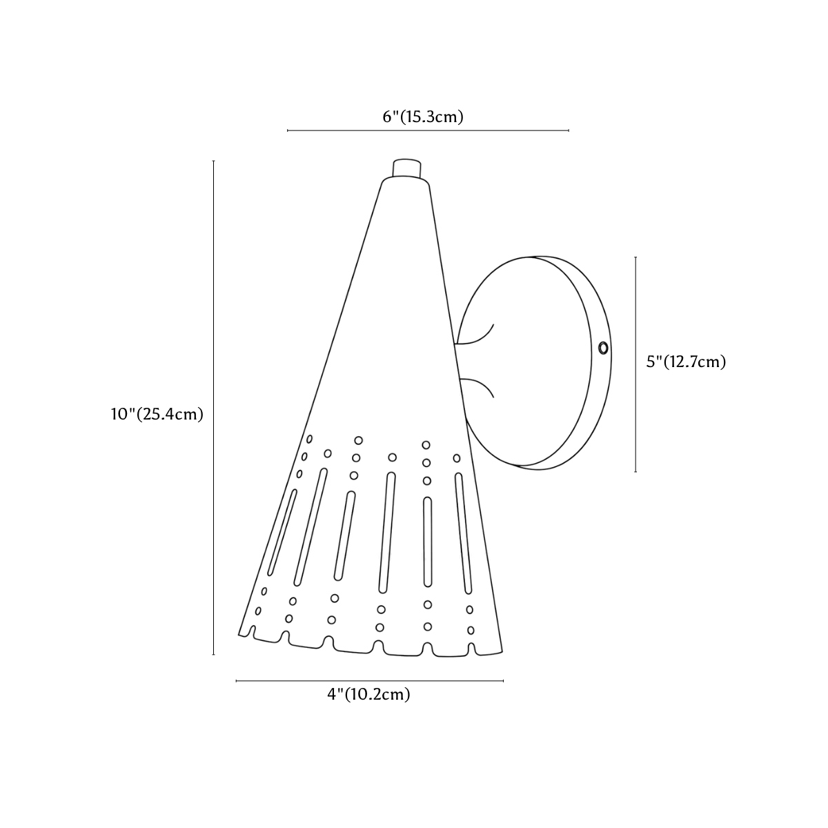 Clérachic wall light dimension drawing, every measurement marked in centimetres and inches.