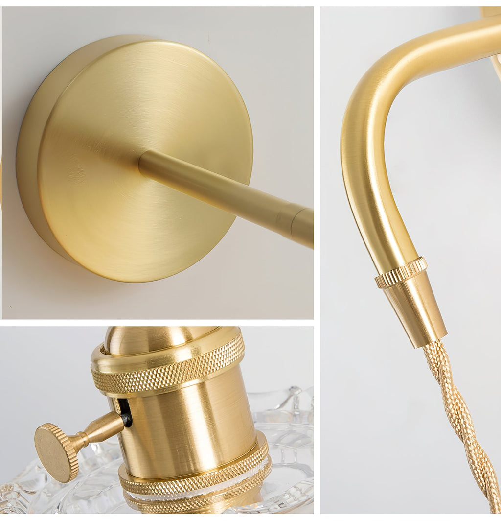 Three close views of this Clérachic wall light: the round brass backplate, the knurled brass socket and the arm with twisted cord.