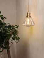 A Clérachic wall light with a small ribbed glass shade, hung beside a trailing green plant on a warm, softly lit wall.