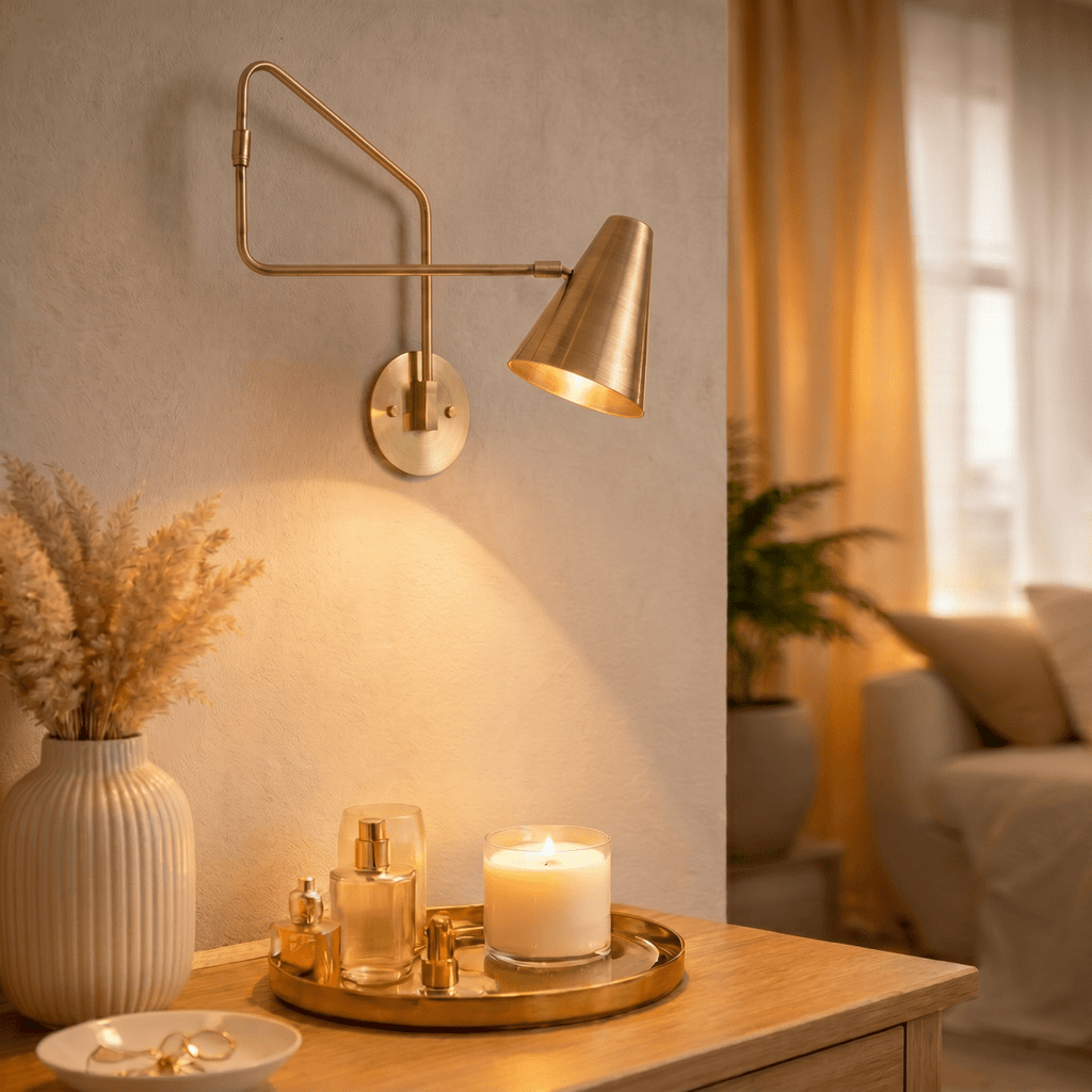 Clérachic wall lamp in brushed brass above a side table set with a candle and perfume bottles.