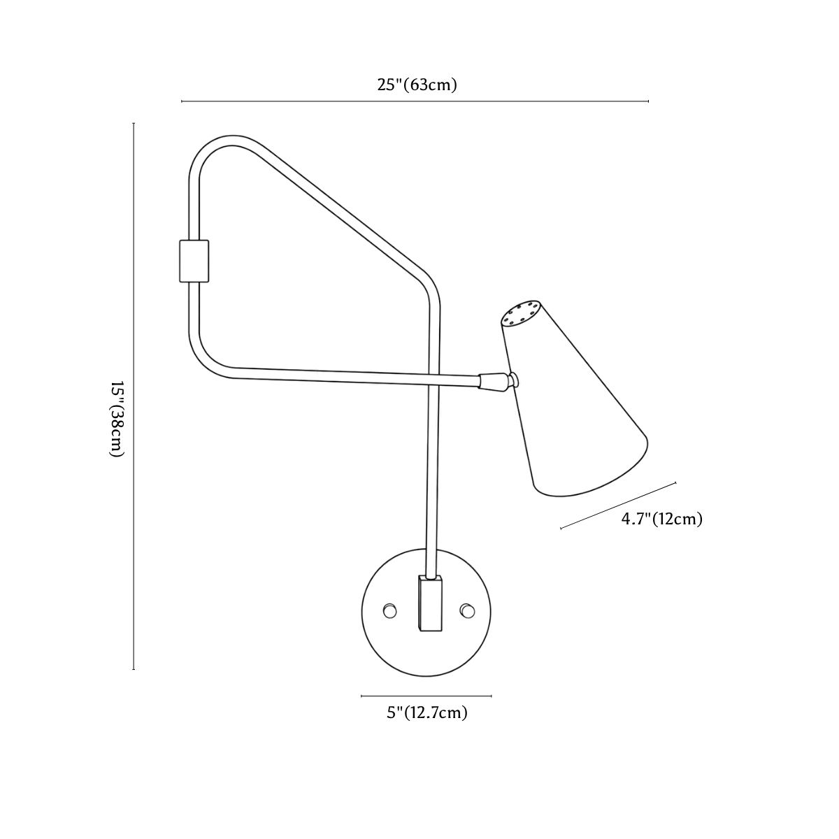 Clérachic wall light dimension drawing, every measurement marked in centimetres and inches.