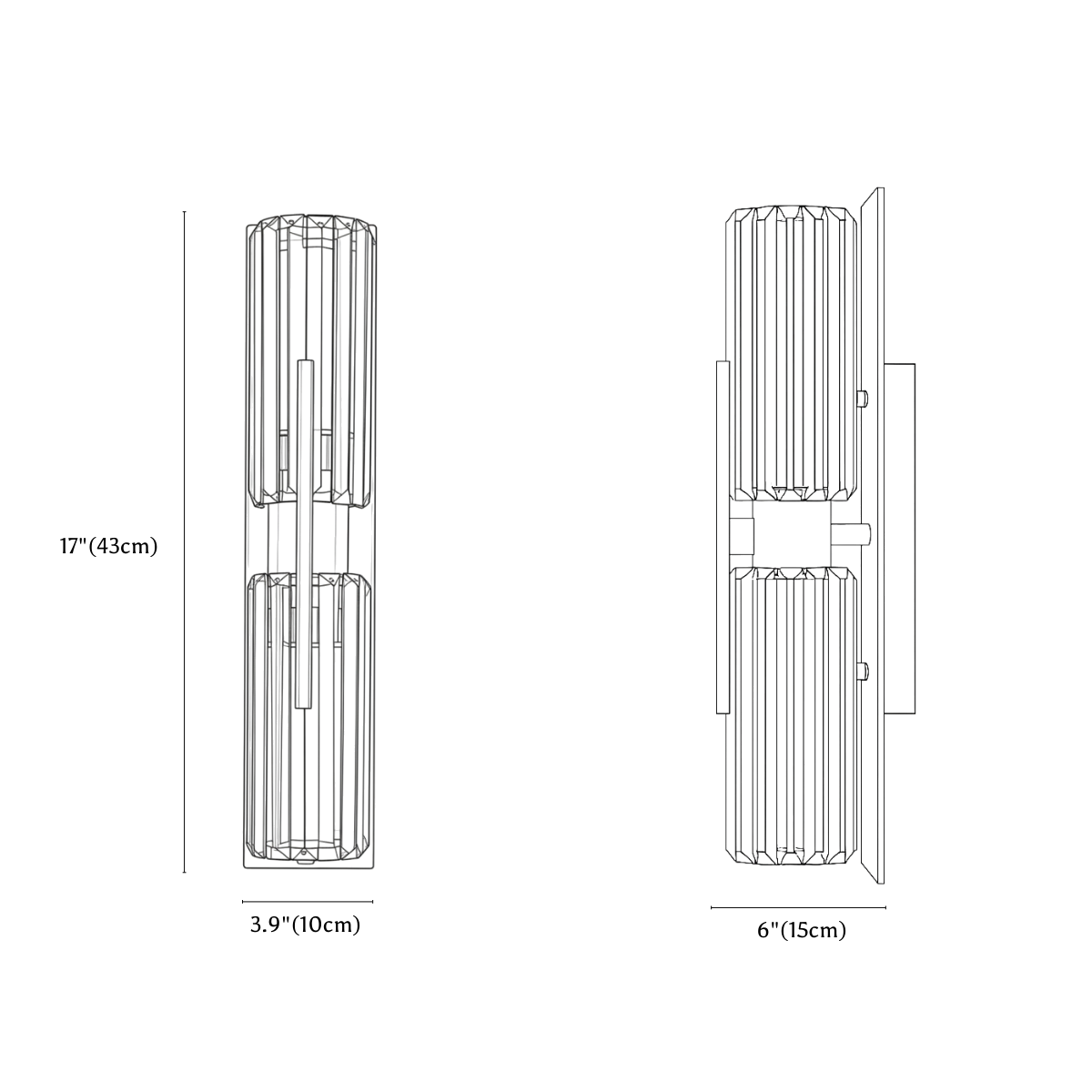 Clérachic wall light dimension drawing, 43 cm, every measurement marked in centimetres and inches.
