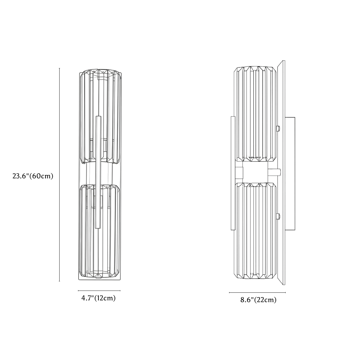 Clérachic wall light dimension drawing, 60 cm, every measurement marked in centimetres and inches.