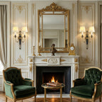 Matching brass wall lights glow on either side of a gilt mirror above a white marble fireplace, with two green velvet armchairs below, from Clérachic.