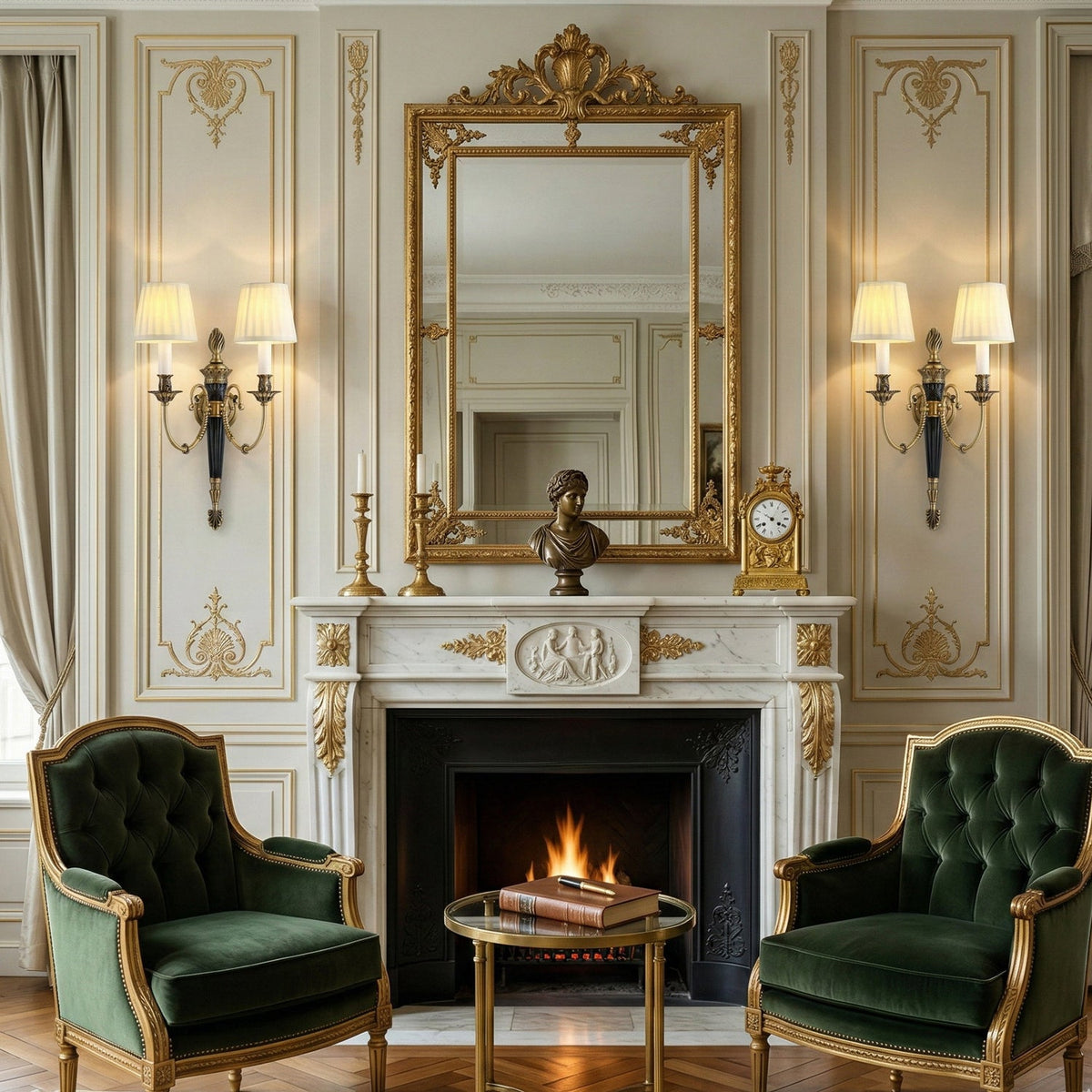 Matching brass wall lights glow on either side of a gilt mirror above a white marble fireplace, with two green velvet armchairs below, from Clérachic.