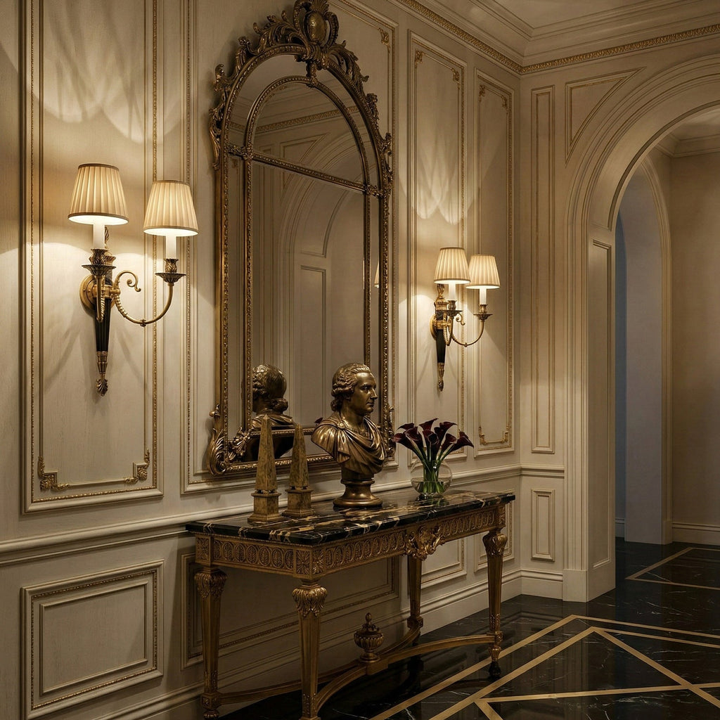 Two Clérachic wall lights with pleated shades hang in a panelled hallway, around an arched mirror and a dark marble console table.