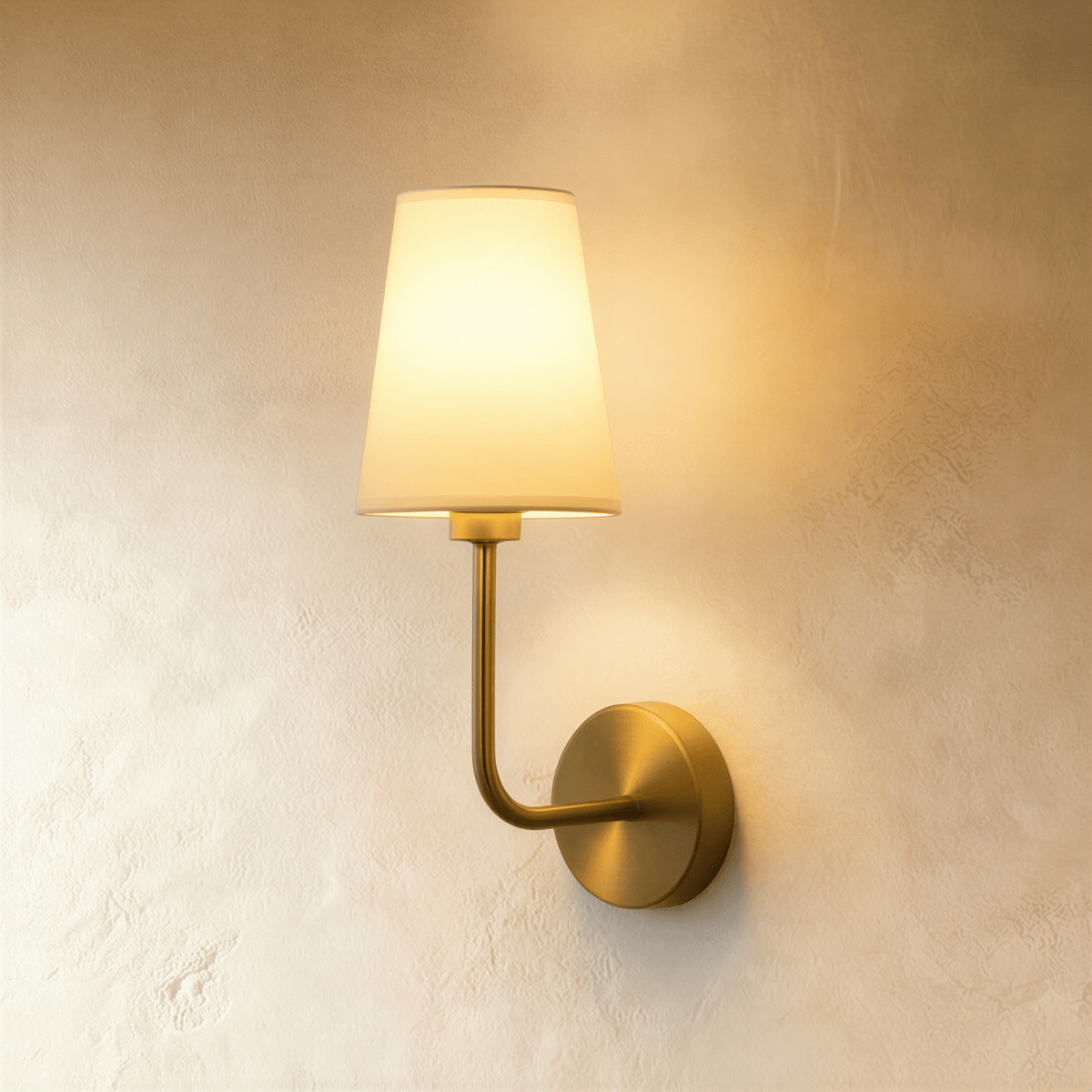 Clérachic wall lamp with a round brushed-brass backplate, curved brass arm and off-white fabric shade, glowing warm on plaster.