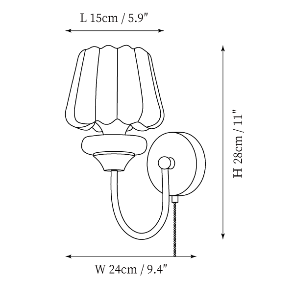 Clérachic wall light dimension drawing, 1 of 2, every measurement marked in centimetres and inches.