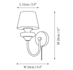 Clérachic wall light dimension drawing, 2 of 2, every measurement marked in centimetres and inches.