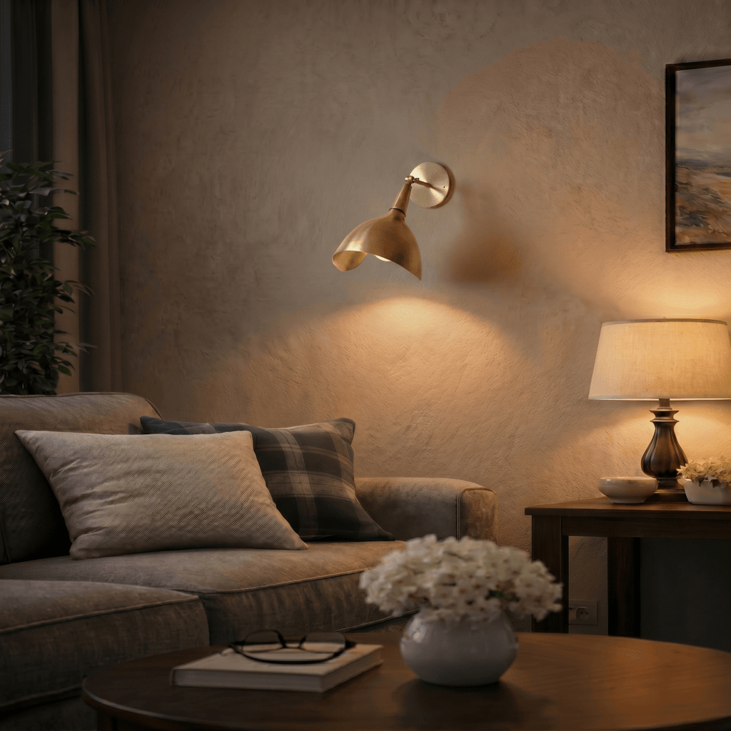Clérachic wall lamp in brushed brass lighting a living room reading corner beside a sofa and table lamp.