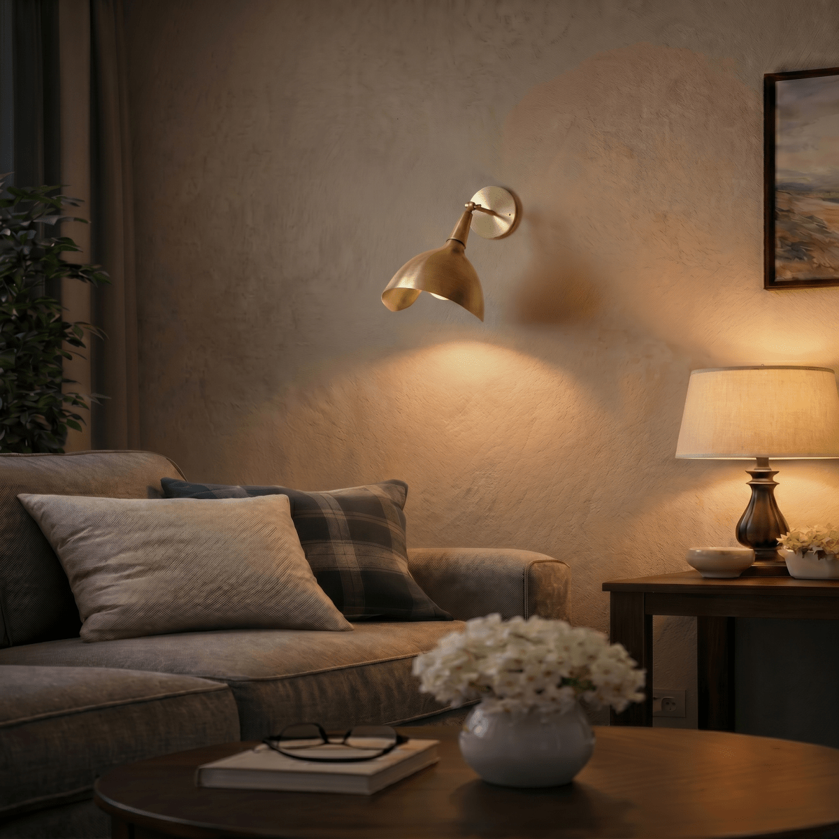 Clérachic wall lamp in brushed brass lighting a living room reading corner beside a sofa and table lamp.