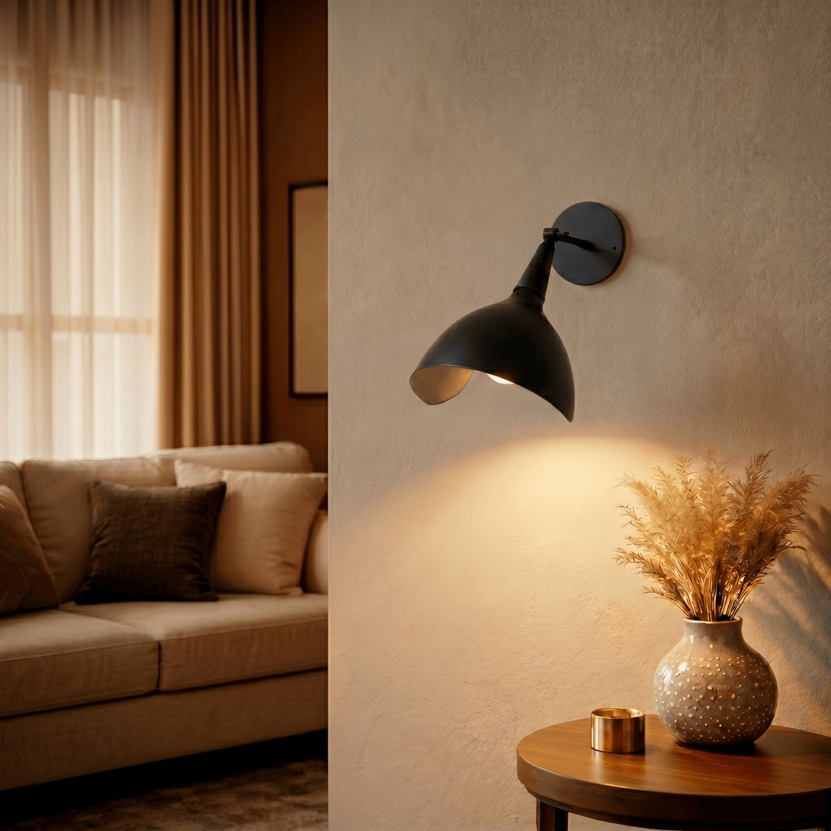 Clérachic wall lamp in matte black lighting a living room corner beside a sofa and a speckled vase.