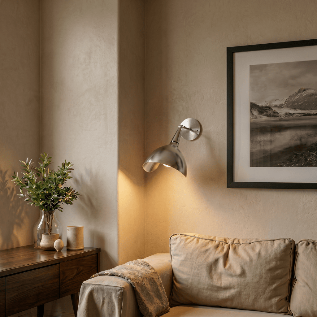 Clérachic wall lamp in chrome beside a framed mountain photograph above a reading nook sofa.