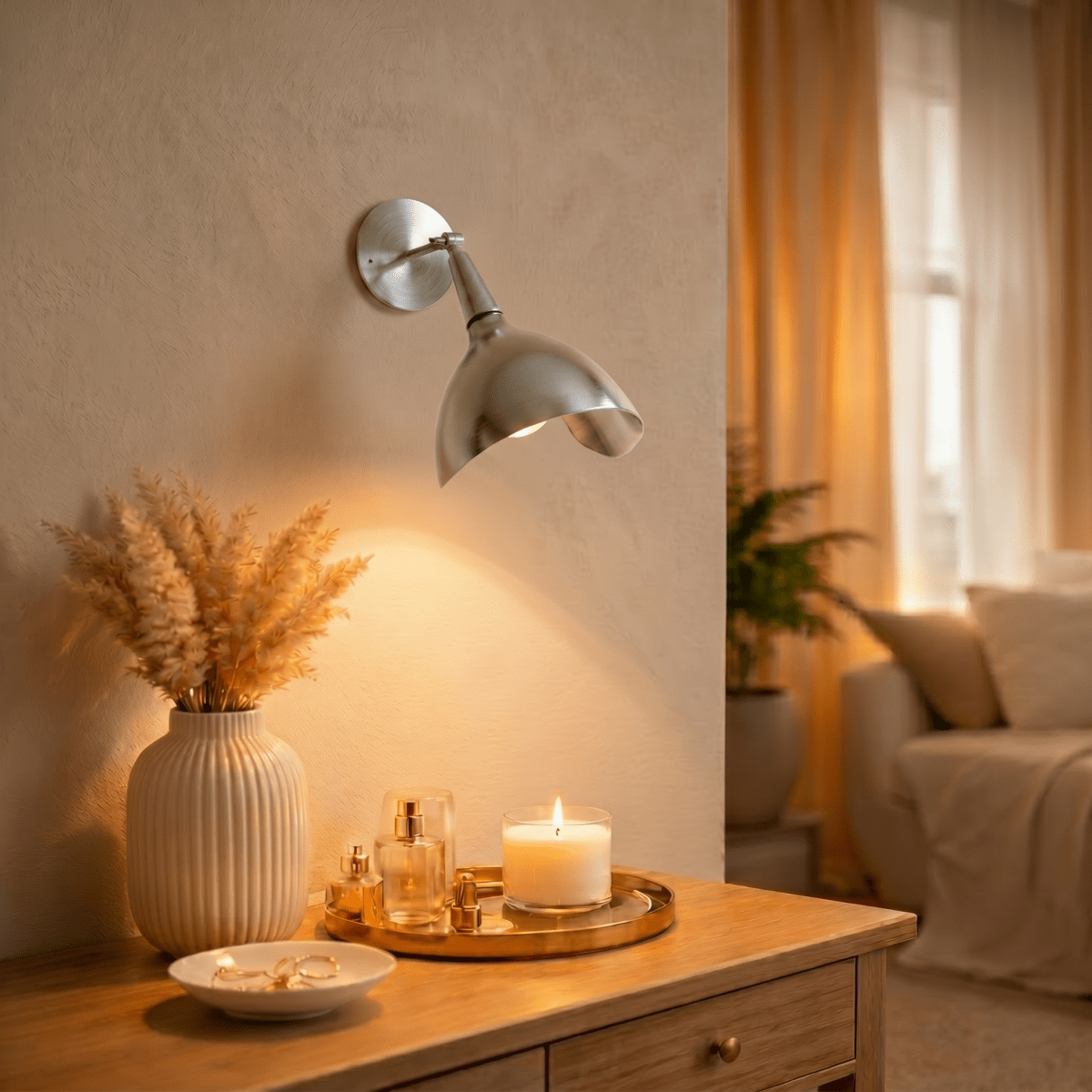 Clérachic wall lamp in chrome above a wooden dresser set with a candle and perfume bottles.