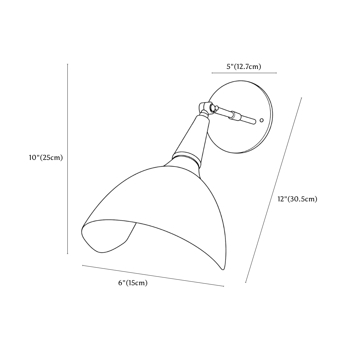 Clérachic wall sconce dimension drawing, every measurement marked in centimetres and inches.